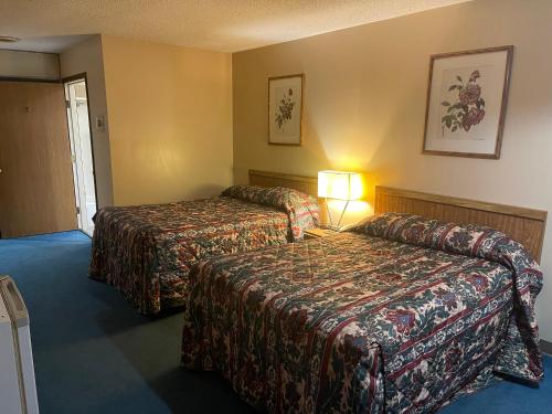 a hotel room with two beds and a lamp at Dollinger's Motor Inn in Albion