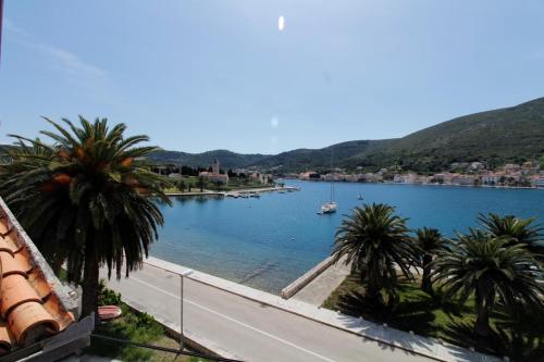 Blick auf einen Fluss mit Palmen und einer Straße in der Unterkunft Apartment Karlo Vis in Vis