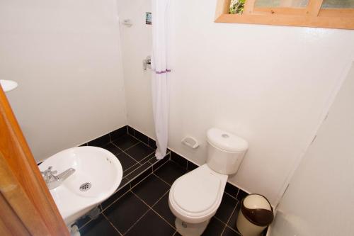 a small bathroom with a toilet and a sink at Hotel Casa del Colibri in Güicán
