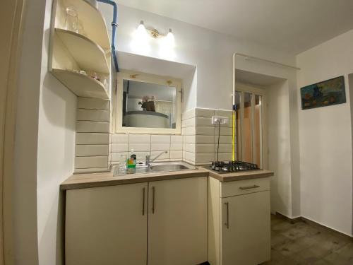 a bathroom with a sink and a mirror at Amarin Apartments in Hajdúszoboszló
