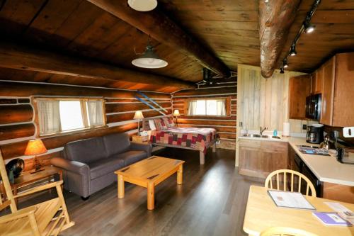 a living room with a couch and a table at The Cabins at Historic Columbine in Clark