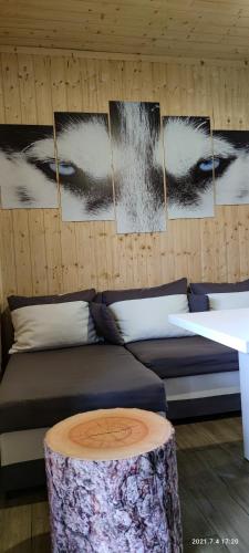a room with a couch and a table with pictures on the wall at Domki - Noclegi Pod Ostrym Działem in Ustrzyki Dolne