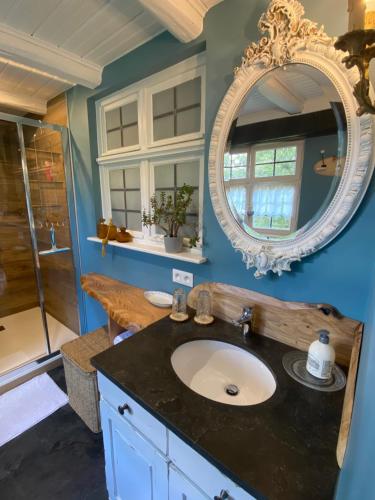 a bathroom with a sink and a mirror at La Ferme de Grand Mère in Furchhausen
