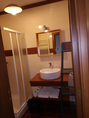 a bathroom with a sink and a mirror at T0 Eira Trás in Vieira do Minho