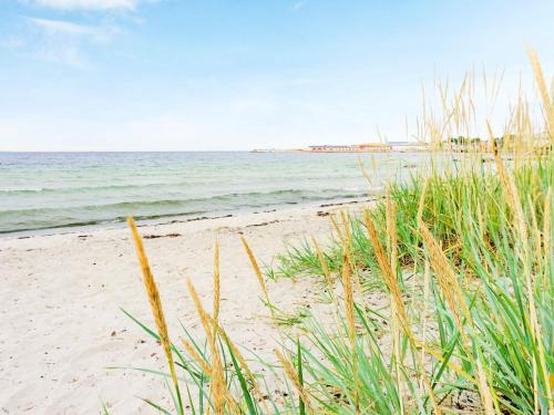 a sandy beach with some grass and the ocean at 4 person holiday home in SÖLVESBORG-By Traum in Sölvesborg