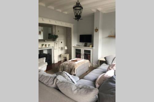 a living room with a couch and a tv at Garden Suburbs Cottage in Crosskeys