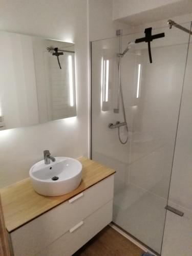 a white bathroom with a sink and a shower at Hakuuna Matata Appartement Koksijde in Koksijde