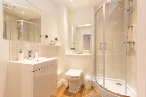 a bathroom with a shower and a toilet and a sink at Silver Moon, 2 bedrooms apartament in Southampton Central Free Parking in Southampton