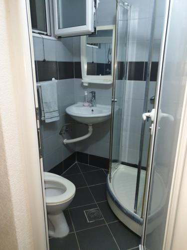 een badkamer met een toilet, een wastafel en een douche bij Apartmani Rakocevic in Sutomore