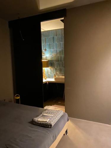 a bedroom with a bed and a bathroom with a sink at Residenza Rosso Di Sera in Capoliveri