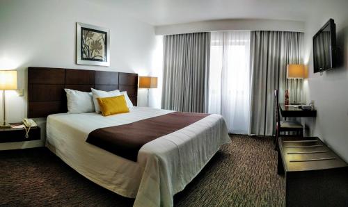 a hotel room with a large bed and a desk at Hotel Fray Junipero Serra in Tepic
