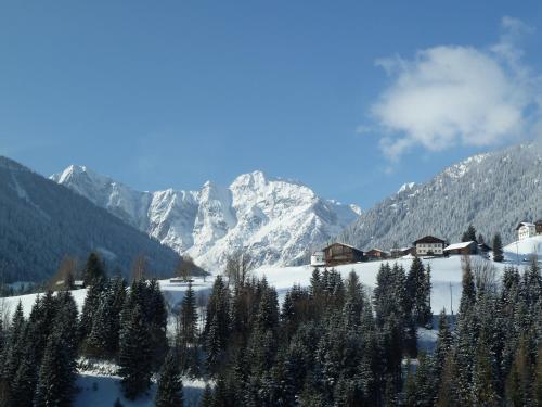 a snowy mountain range with houses and trees in the foreground at Genusshof Mesner Aktiv in Liesing