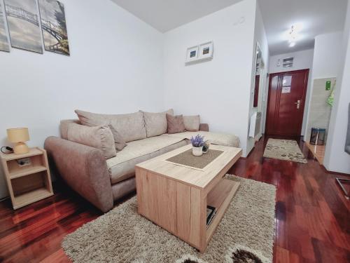 a living room with a couch and a coffee table at Apartman Temida Lux in Vrnjačka Banja