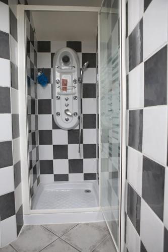 La salle de bains est pourvue d'une douche et de carrelage noir et blanc. dans l'établissement Au Coeur Des Vignes, à Épernay