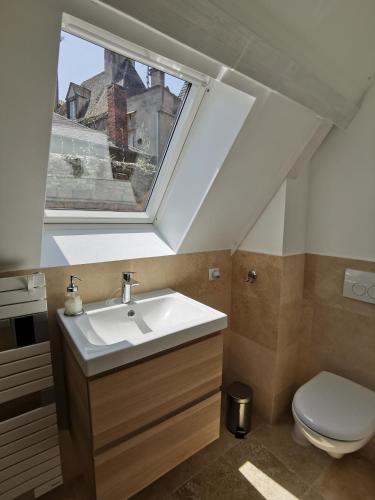 une salle de bain avec un lavabo et une fenêtre dans l'établissement Casa Anca Deluxe, à Sarlat-la-Canéda