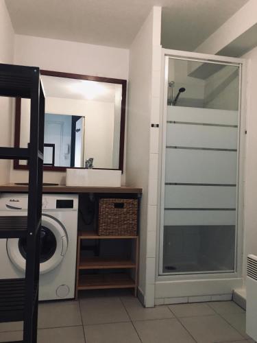 La salle de bains est pourvue d'un lave-linge et d'un miroir. dans l'établissement Colibri Appart' T2 au coeur du Bassin d'Arcachon, à Gujan-Mestras