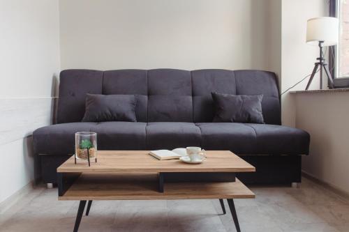 a blue couch in a living room with a coffee table at Pod Jasną 28 in Częstochowa