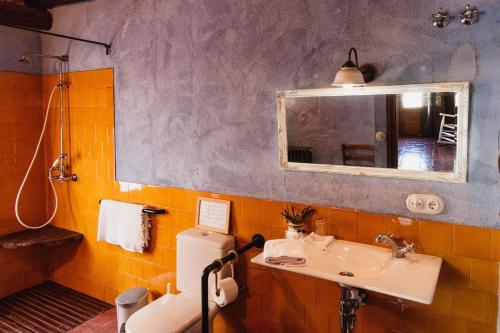 a bathroom with a sink and a toilet and a mirror at Mas Teixidor in Crespiá