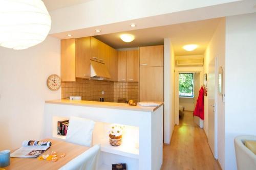 a kitchen with a counter and a table in a room at Apartments Sensa in Dubrovnik