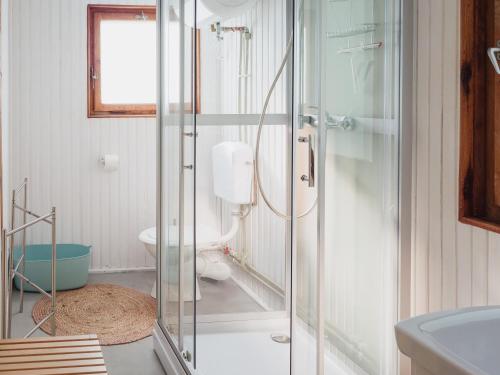 uma casa de banho com uma cabina de duche em vidro e um WC. em Pustelnia Supraśl - domki nad rzeką em Supraśl