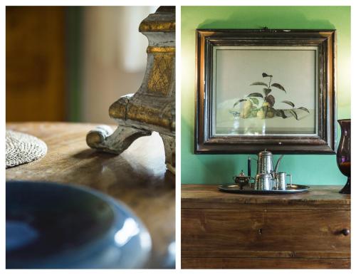 une photo d'une table avec une photo de fruits dans l'établissement Le Rose di Montagnana, à San Gimignano