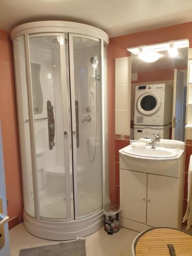 y baño con ducha, lavabo y lavadora. en La Maison des Remparts - Gite 3 etoiles pour 8 pers a Loches, en Loches