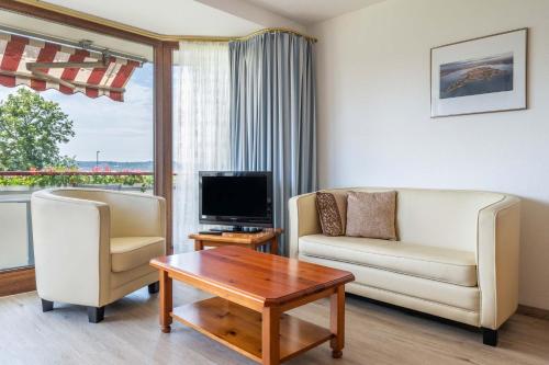 a living room with a couch and a tv and a table at Hotel Seepark Appartements in Uhldingen-Mühlhofen