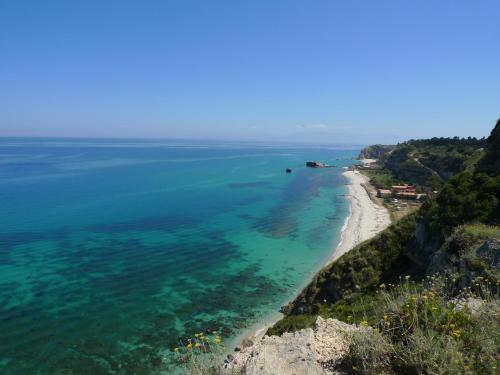 an aerial view of a beach and the ocean at Hotel Alexander in Tropea