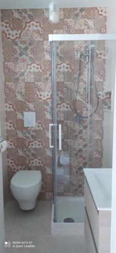 a bathroom with a shower with a toilet and a sink at Villa Francesca Appartamento Meraviglioso in Polignano a Mare
