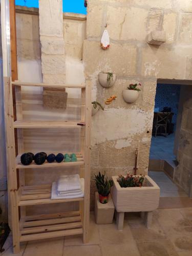 a room with wooden shelves and plants on the wall at Dimora Assuntina Martano in Martano