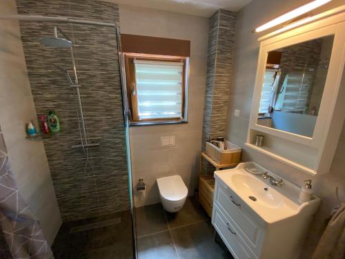 y baño con ducha, aseo y lavamanos. en Guesthouse Old Town en Sarajevo