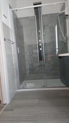 a shower with a glass door in a bathroom at Hotel Ogliastra in Lotzorai