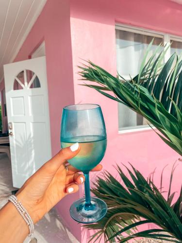 a person holding a wine glass in front of a pink house at Tropical View Villas in Hartswell