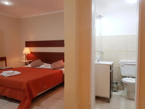 1 dormitorio con cama, aseo y lavamanos en Apart Hotel Savona en Capilla del Monte