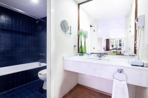 a bathroom with a sink and a toilet and a mirror at Exe Suites San Marino in Mexico City