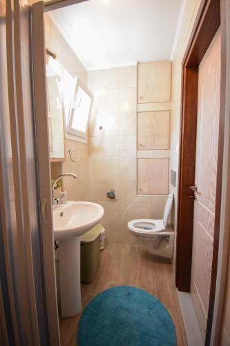 a small bathroom with a sink and a toilet at Private House Niki Kalymnos in Panormos Kalymnos