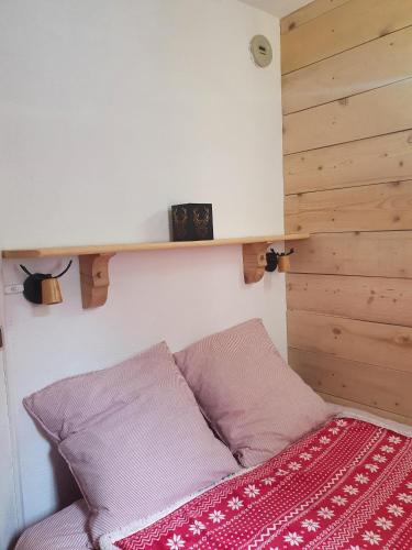 ein Bett in einem Zimmer mit einem Regal an der Wand in der Unterkunft appartement cosy central et fonctionnel La Foux d'Allos in Allos