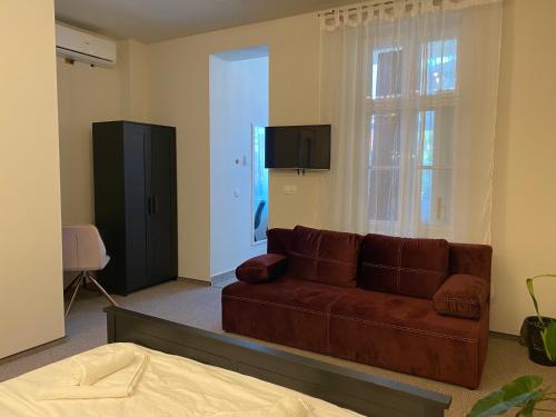 a living room with a brown couch and a television at Boutique Rooms with Parking in Oradea