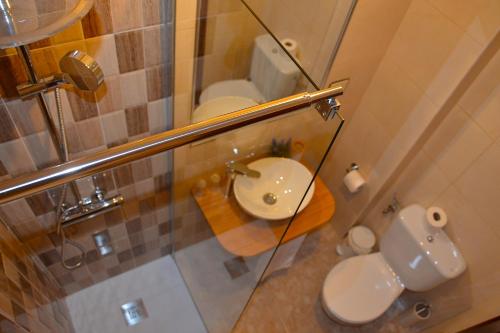 a bathroom with a toilet and a sink and a mirror at Pensión Quilmes in Vimianzo