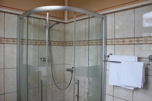 a shower in a bathroom with white towels at Eisenbahnromantik Hotel in Meyenburg