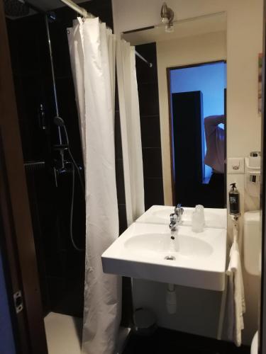 a bathroom with a sink and a shower curtain at Hotel Parc & Lac in Montreux