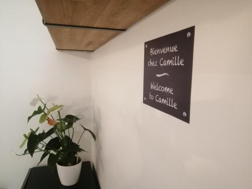 um sinal numa parede ao lado de uma planta em Thorigny-sur-Marne Studio chez Camille em Thorigny-sur-Marne