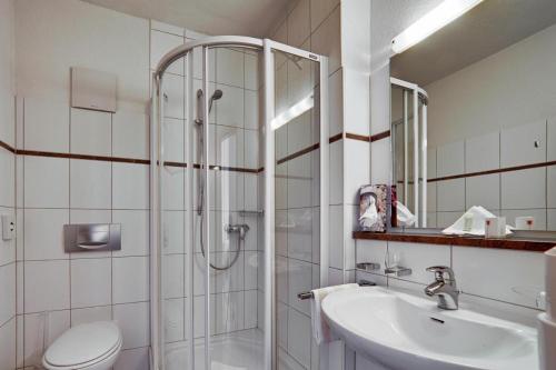 a bathroom with a shower and a sink and a toilet at Hotel Villa Martino - zum Hirsch in Bad Säckingen
