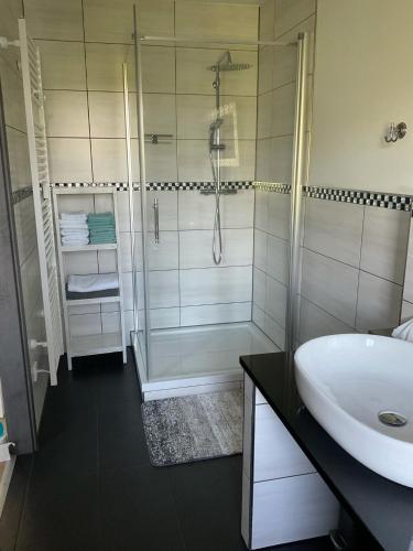 een badkamer met een douche en een wastafel bij Alte Gießerei in Ziesendorf