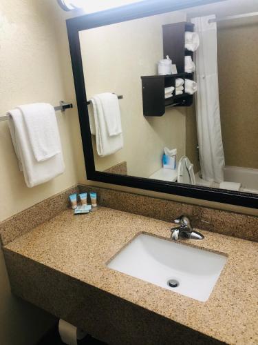 a bathroom with a sink and a large mirror at Quail Inn and Suites - Myrtle Beach in Myrtle Beach