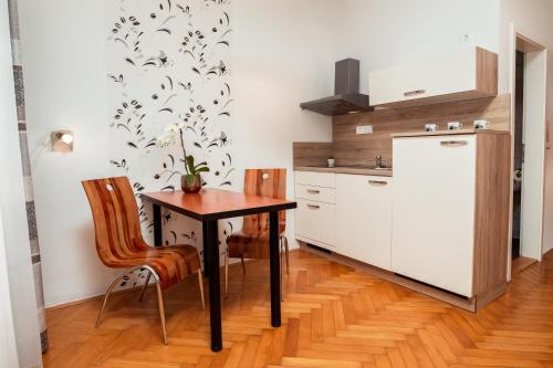 a kitchen with a table and a refrigerator at Penzion Pod Lipo in Ljubljana