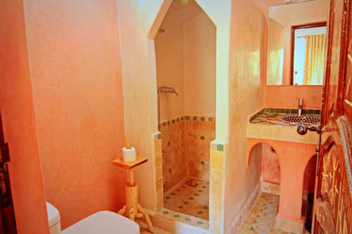 a bathroom with a shower and a toilet and a sink at Jnane Karma in Imlil