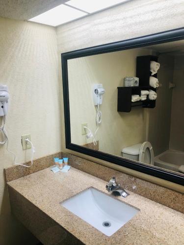 a bathroom with a sink and a large mirror at Quail Inn and Suites - Myrtle Beach in Myrtle Beach