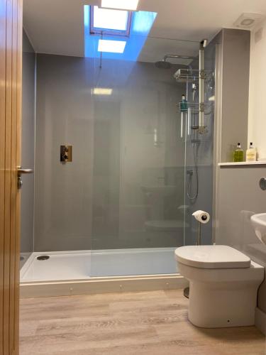La salle de bains est pourvue d'une douche, de toilettes et d'un lavabo. dans l'établissement The Retreat, à Bredwardine