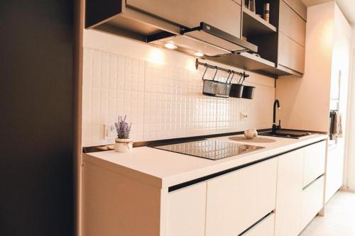 a white kitchen with a sink and a counter at Studio „Pompei” Brasov in Braşov